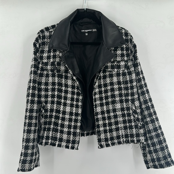 Karl Lagerfeld Paris Faux Leather‎ Collar Tweed Jacket Black White XL - Picture 2 of 6